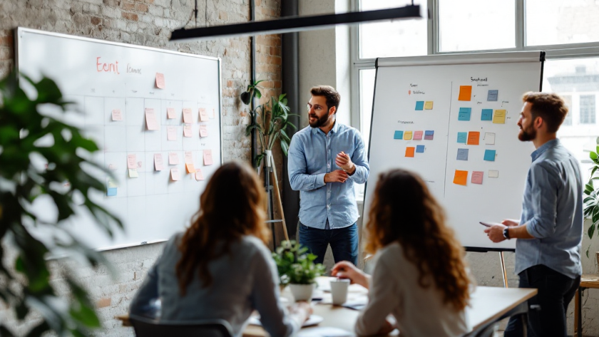 Content Strategy Development - Content strategist brainstorming and planning content calendar with team members around whiteboard in collaborative workspace