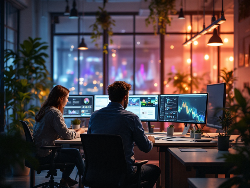 Paid Media Design Services - Creative team designing advertising creatives landing pages A/B testing variations on computers in marketing agency