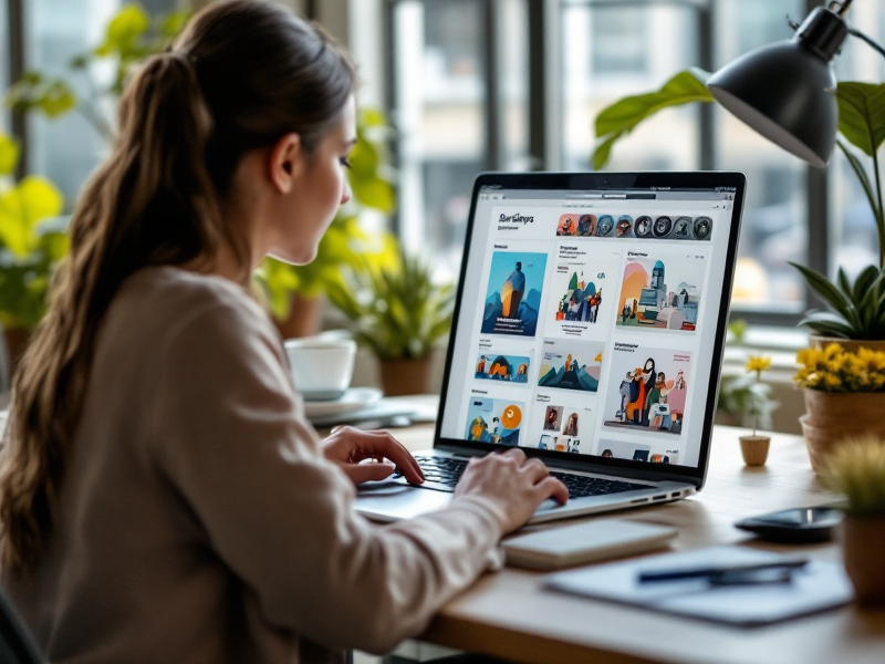 Digital Design Services - Designer creating social media graphics infographic email templates on laptop in collaborative workspace