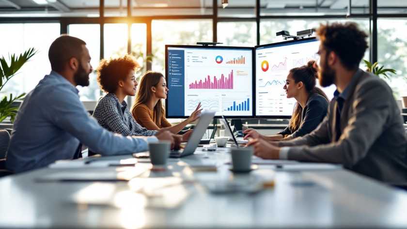 Paid Advertising Strategy Development - Digital marketing team analyzing campaign analytics and performance metrics on multiple screens in modern office