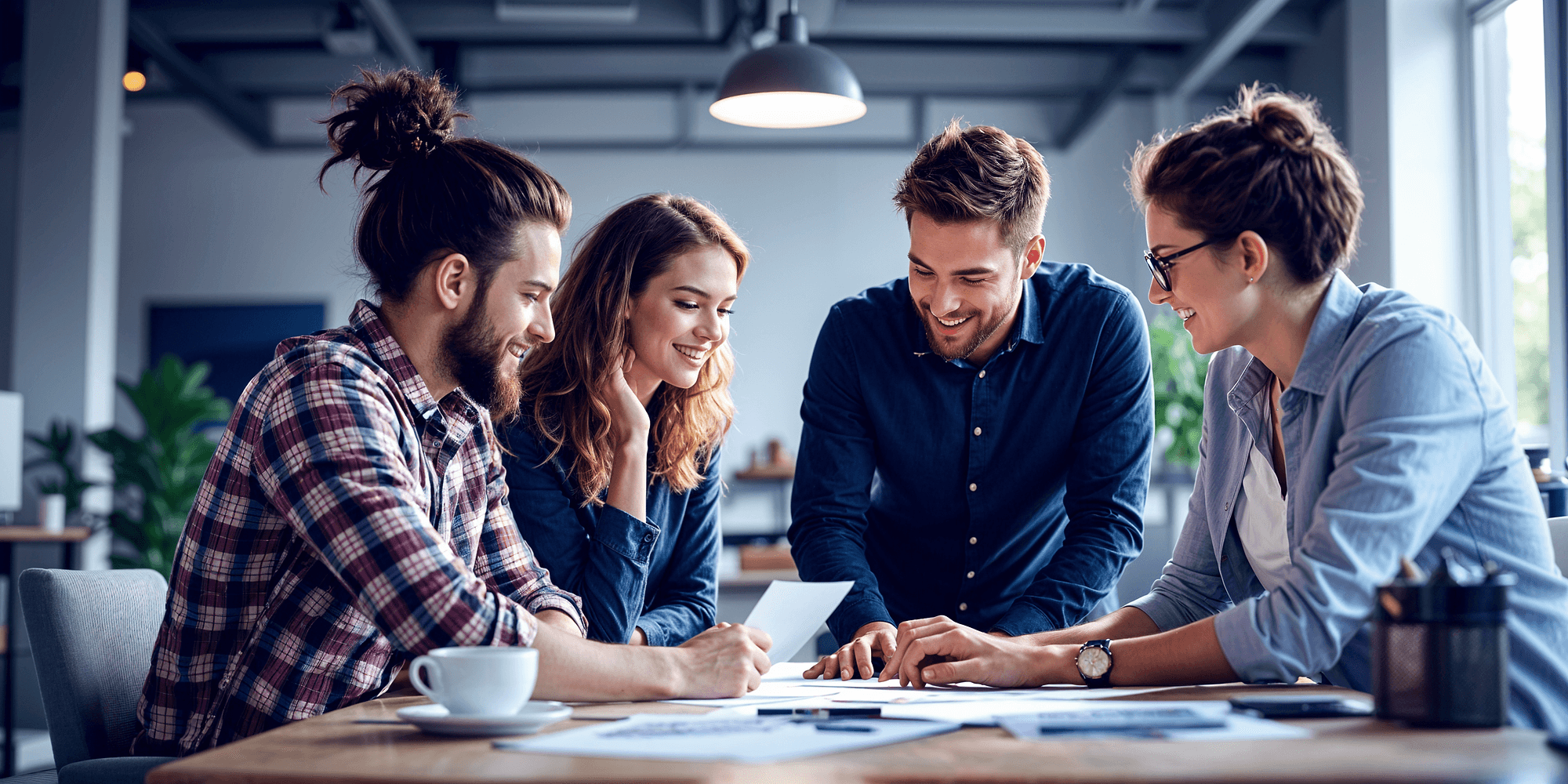 Marketing team collaborating on social media strategy and content planning in modern office