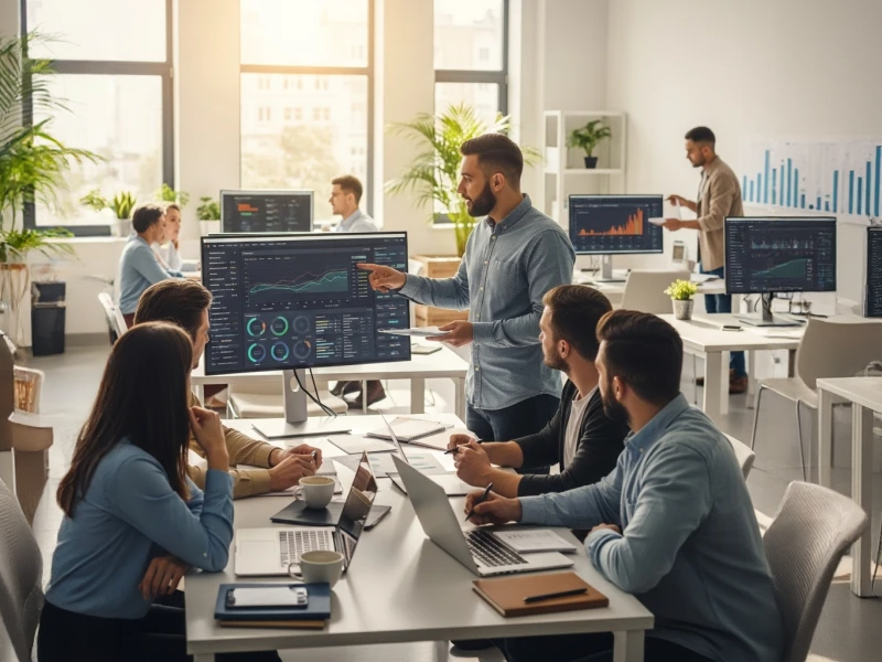 SEO expert analyzing search engine optimization analytics and data with team members collaborating in modern office