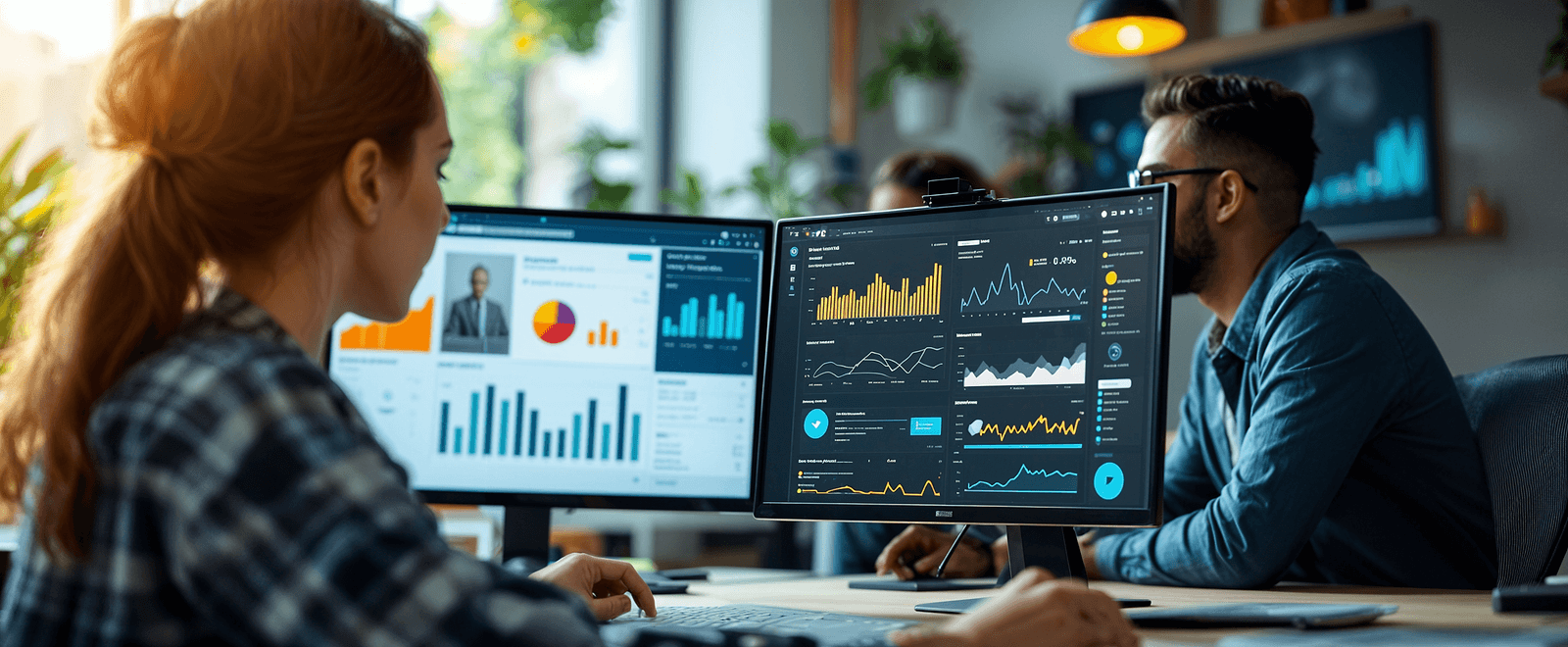 Social media specialists reviewing content and analytics on computer screens in bright office setting