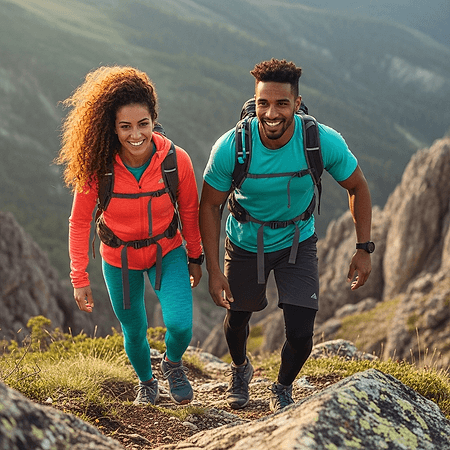 Athletic couple hiking in mountains, generated by Inliner.ai