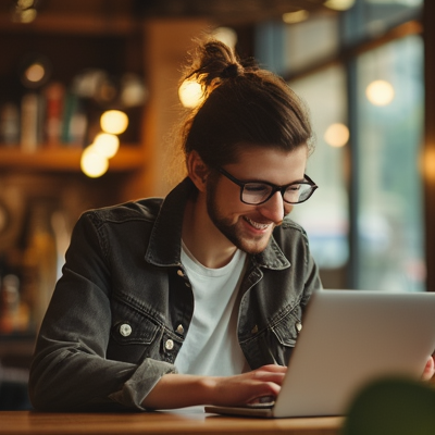 Content creator and blogger writing article on laptop in coffee shop with natural lighting, creative workspace lifestyle photography