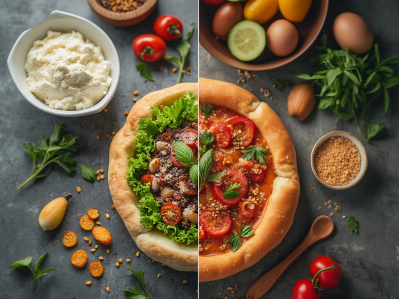 Facebook ad creative split test for meal delivery service showing four different food photography styles with fresh ingredients on modern kitchen countertop