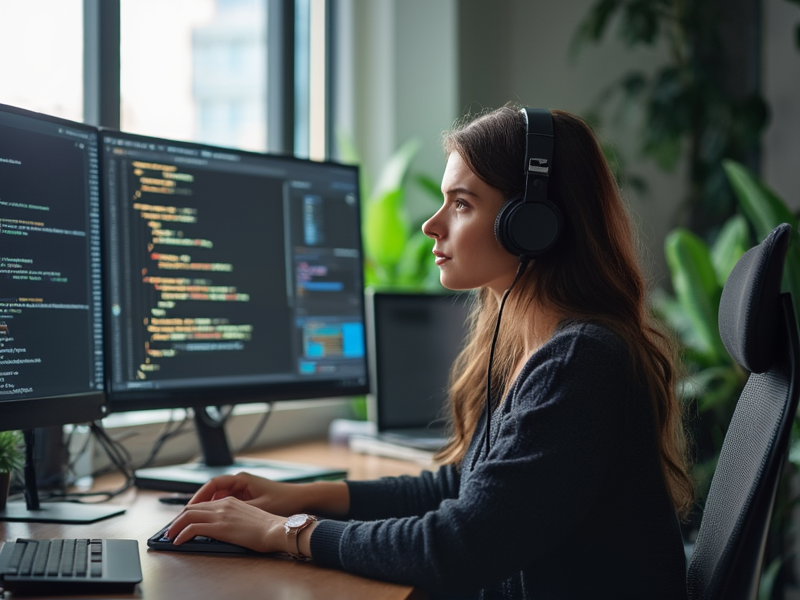 Female software developer working on computer with multiple monitors, coding and web design in modern office with focused concentration and natural lighting