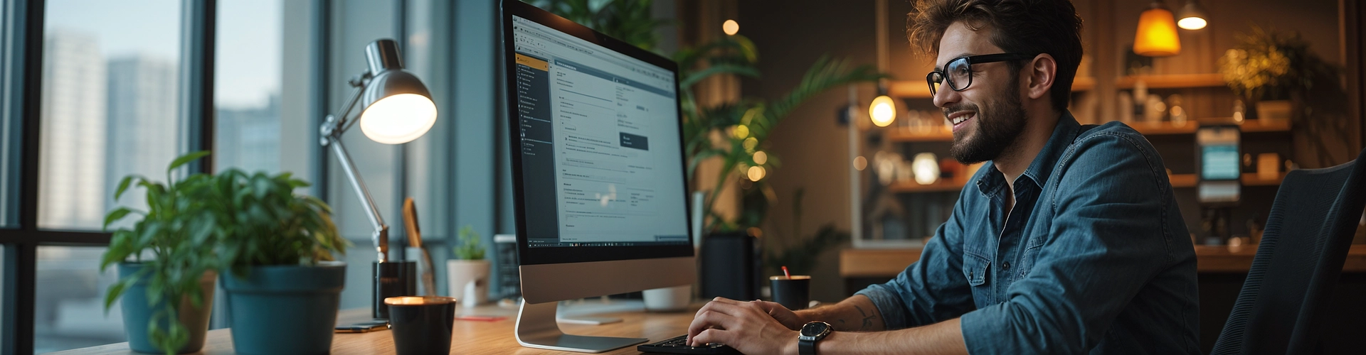 Happy developer working efficiently at modern desk setup