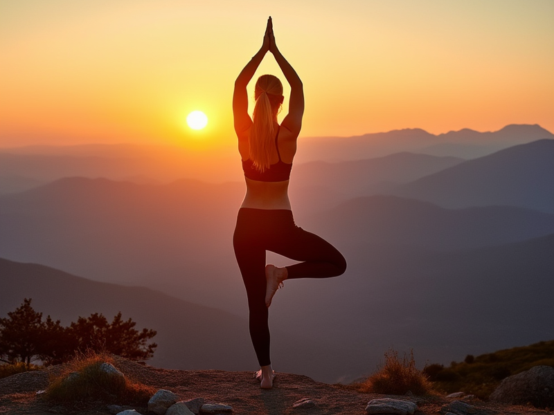 Instagram fitness post showing woman doing sunrise yoga with mountain vista in peaceful morning light, inspirational wellness content in square format