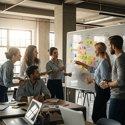 Marketing team brainstorming creative campaign around whiteboard with sticky notes in modern office during collaborative strategy session