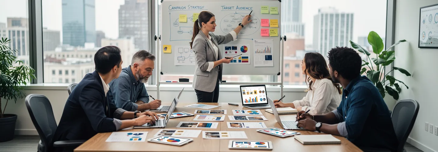 Team collaborating on campaign visuals in a shared workspace