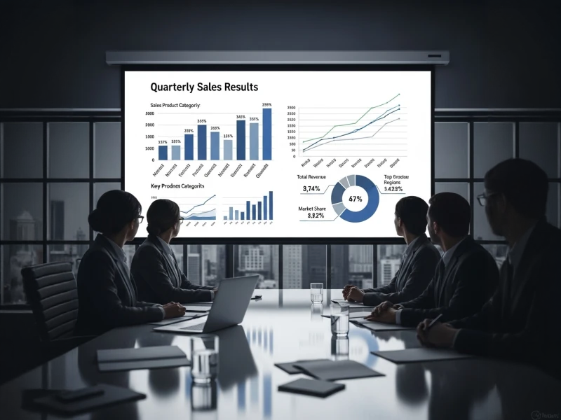 Presentation slide showing quarterly sales results in corporate meeting room with executive team, professional business charts in clean modern design