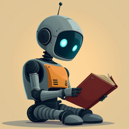 Robot reading a book, flat illustration, pastel purple theme