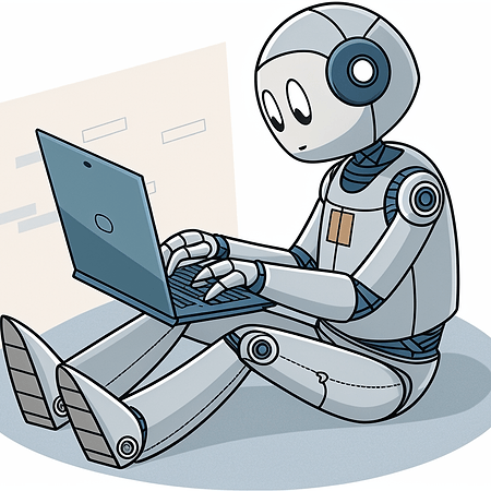 Robot typing on a laptop, flat illustration, pastel purple theme