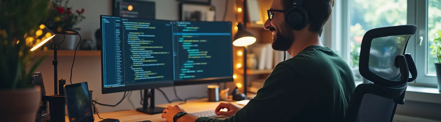 Satisfied developer working efficiently at desk with VS Code open