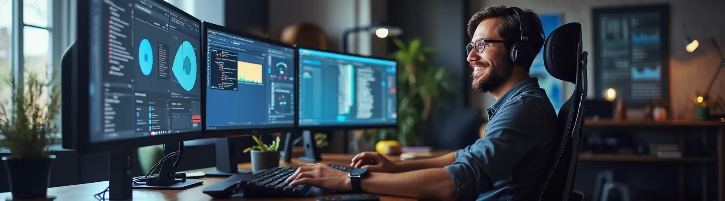 Satisfied software developer working efficiently at desk with multiple screens