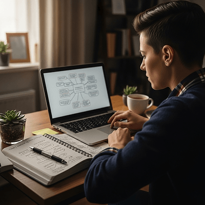 Small business owner and entrepreneur planning startup strategy in home office with laptop and notebook, showing determined focus