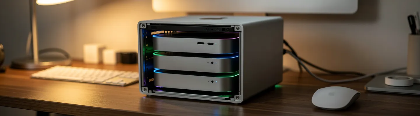 Stack of Apple Mac Minis with glowing LED lights in cozy desk setup with warm lighting