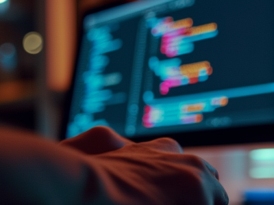 Web developer typing URL in browser address bar with code editor on screen, focused hands on keyboard in modern workspace