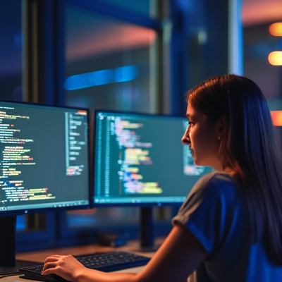 Young female web developer coding React application on dual monitors in modern workspace during focused programming session