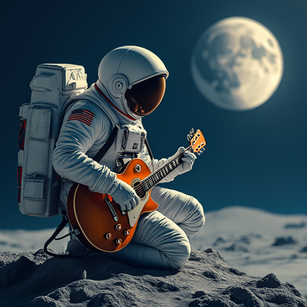 Astronaut playing guitar on moon