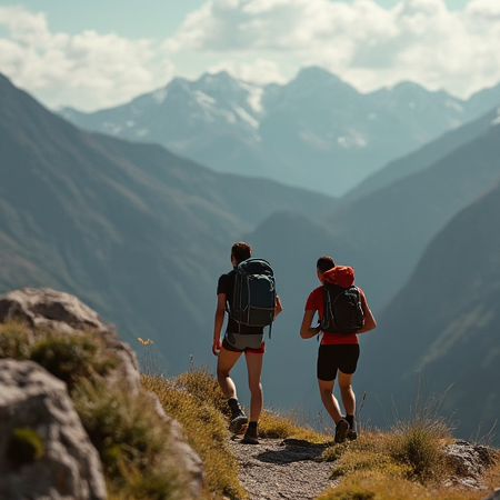 Athletic couple hiking in mountains, generated by Inliner.ai