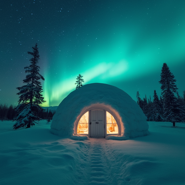 Aurora borealis over igloo
