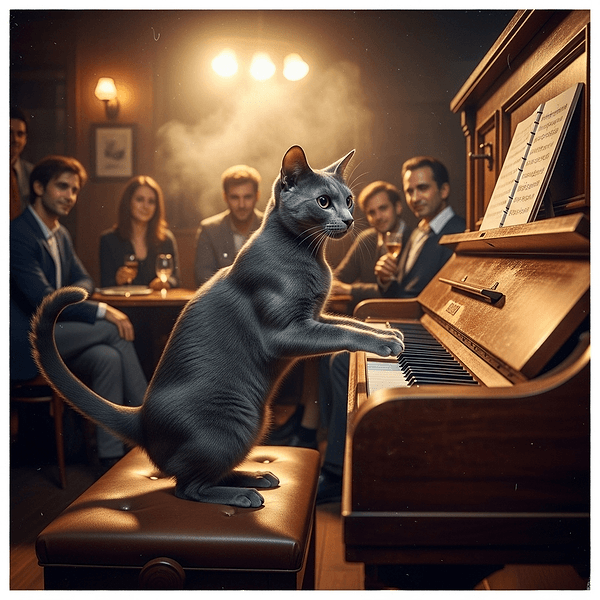Cat playing piano in jazz club