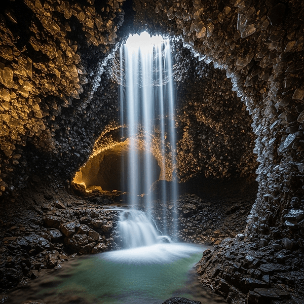Crystal cave with waterfall