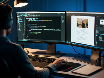 Developer writing a descriptive Inliner image URL in a code editor on a dual-screen workstation