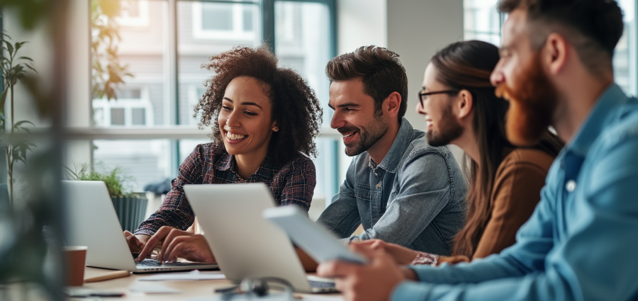 Diverse team collaborating in a modern office