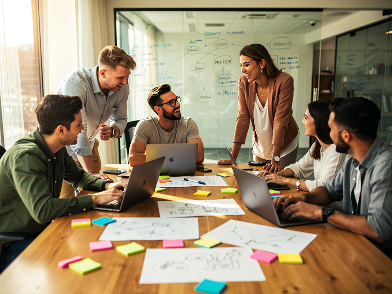 Diverse team collaborating in modern office with laptops during creative meeting and brainstorming session