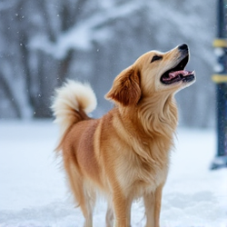 Happy dog playing in fresh snow