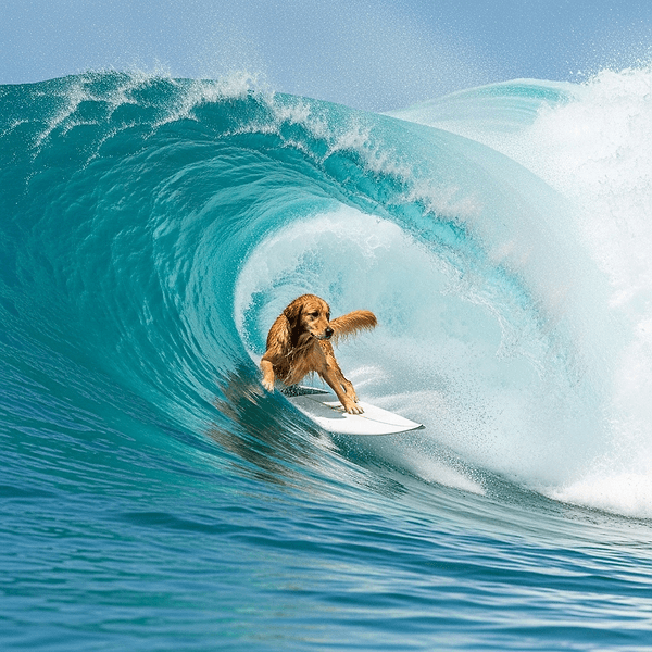 Dog surfing big wave