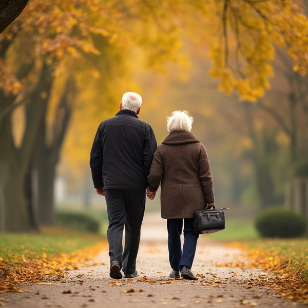 Elderly couple walking in park
