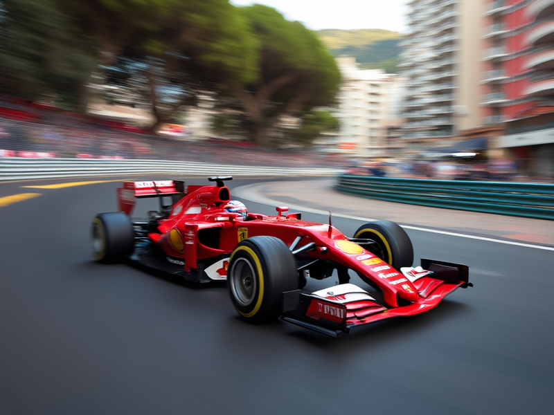 Formula One car racing at incredible speed on Monaco circuit with blurred background showing motion and speed