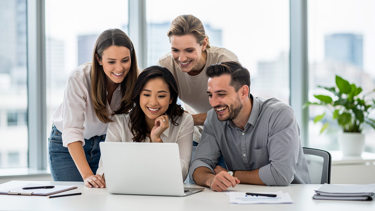 Four coworkers smiling and reviewing a laptop with upgraded natural skin tones and preserved composition