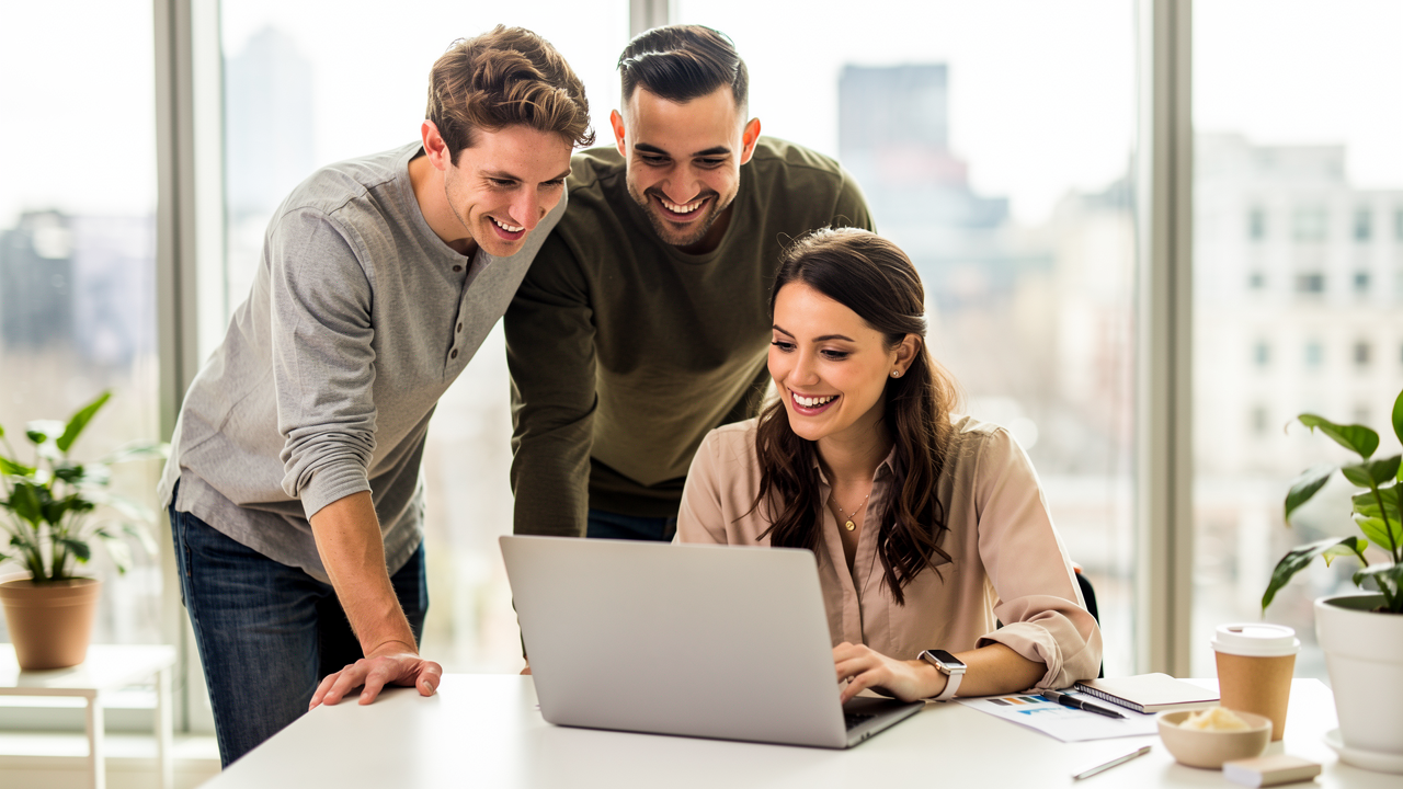 Four coworkers smiling and reviewing a laptop with upgraded natural skin tones and preserved composition