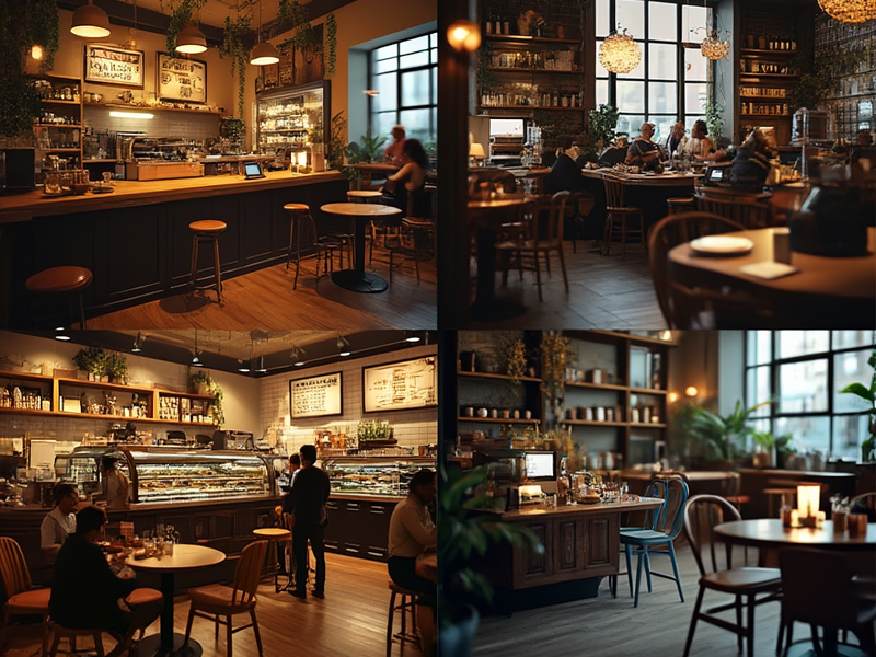 Four quadrant comparison showing coffee shop variations at different times of day - morning, afternoon, evening, and night