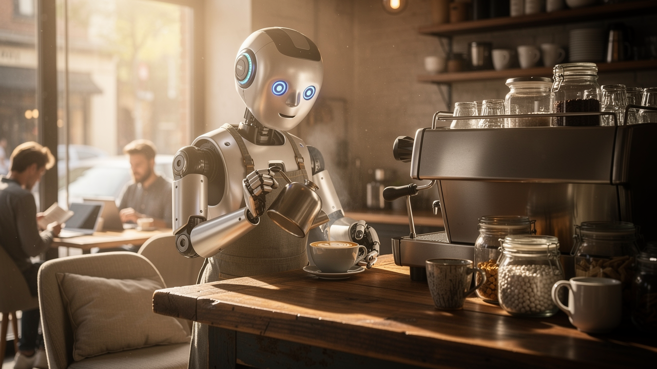 Edited robot barista image with enhanced texture and preserved subject identity
