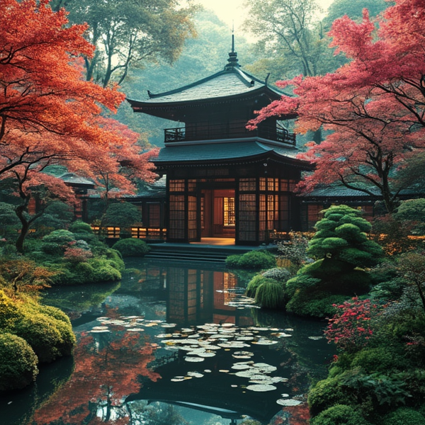 Japanese garden in cyberpunk style