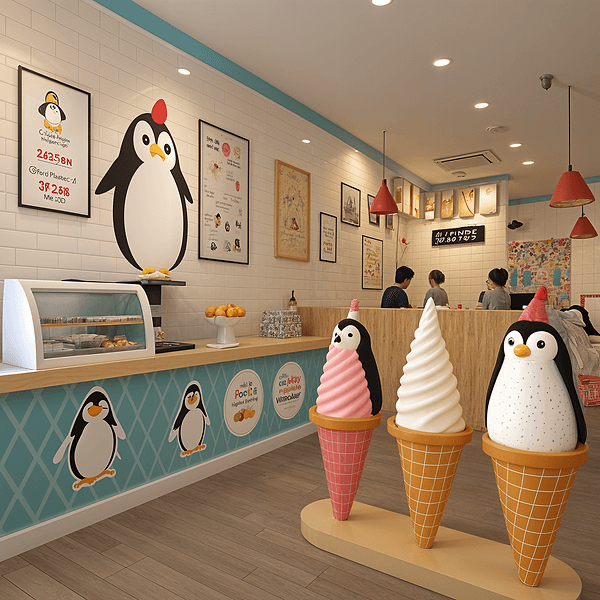 Penguin running ice cream shop