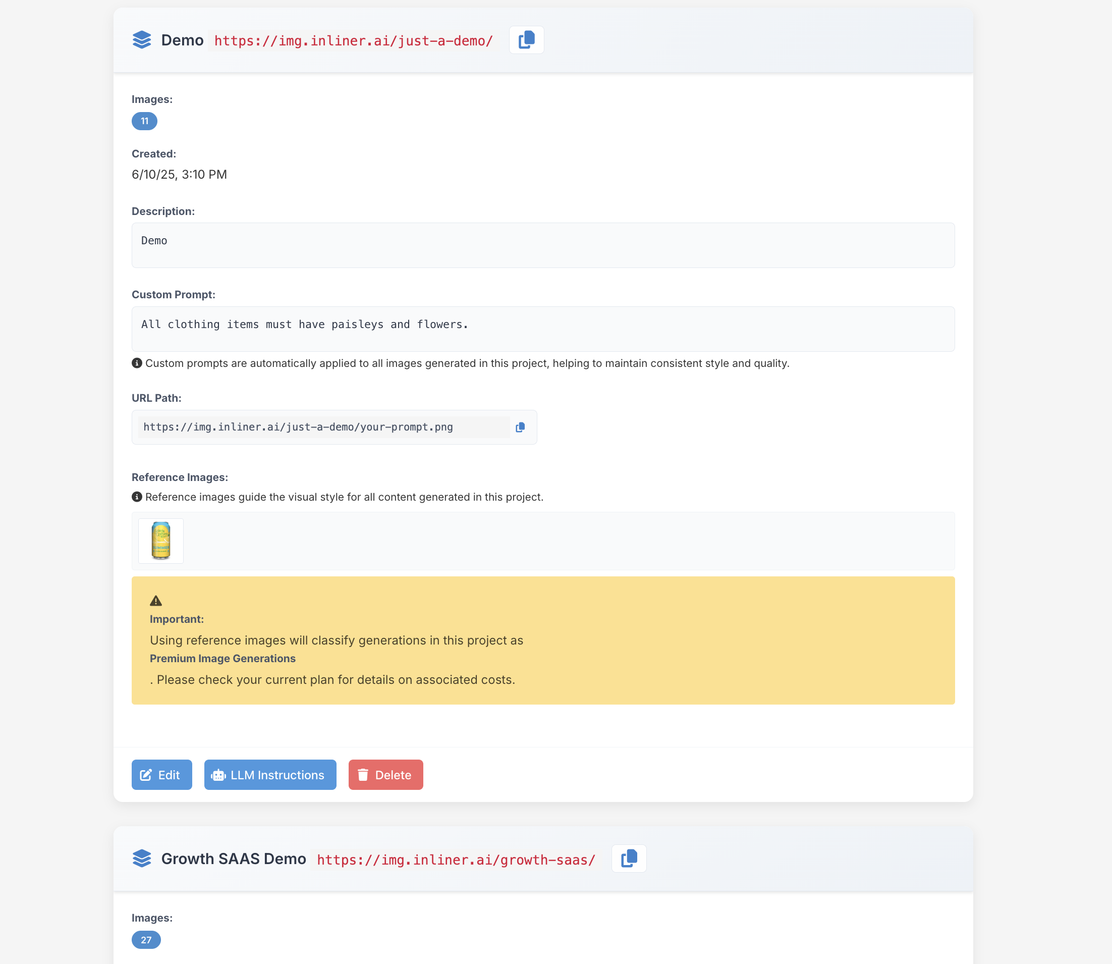 Project management page showing organized projects with custom prompts and reference images
