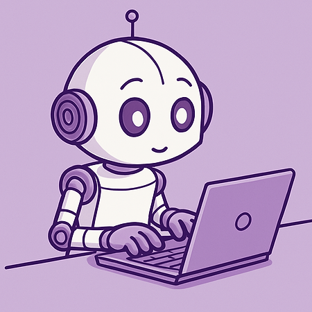 Robot typing on a laptop, flat illustration, pastel purple theme