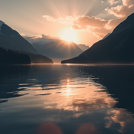 Serene mountain lake at sunset, generated by Inliner.ai