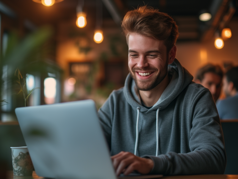 Smiling developer in hoodie coding at laptop in cozy cafe, looking happy and productive