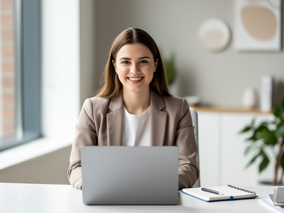 Smiling woman working face-forward on a laptop in a clean modern workspace with natural light