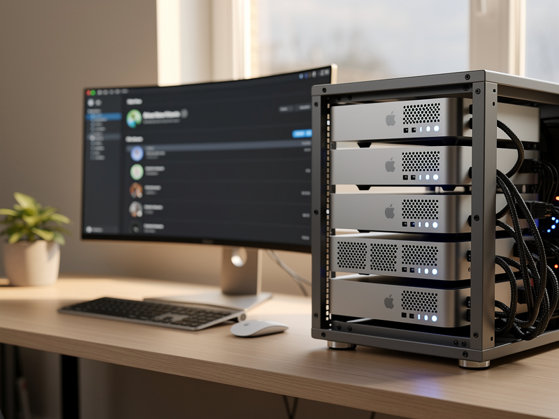Stack of Apple Mac Minis with glowing LED lights in modern home office server setup