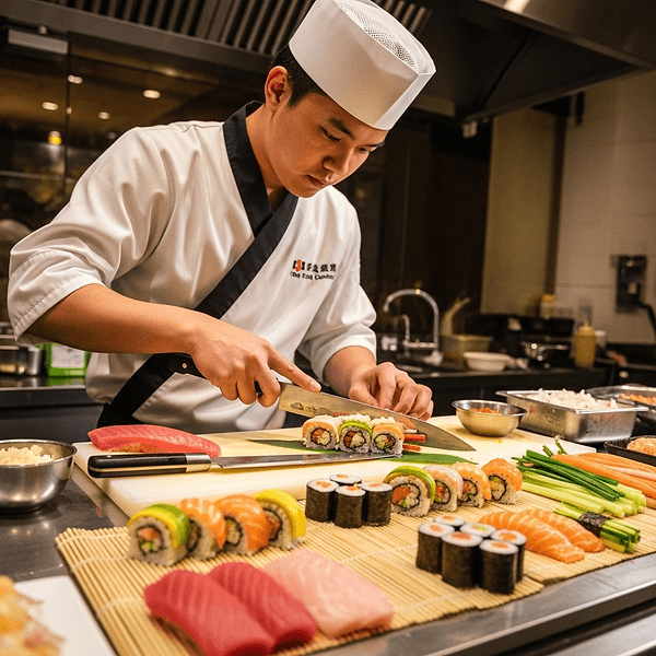 Sushi chef preparing rolls