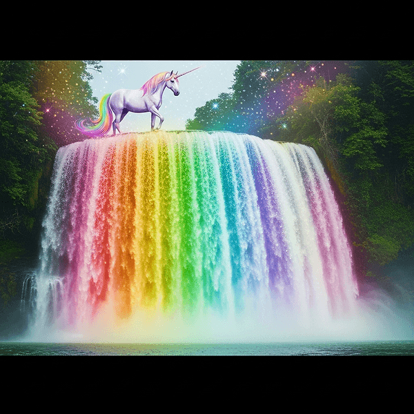 Unicorn at rainbow waterfall